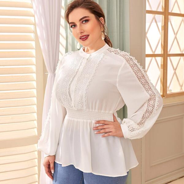 

Plus Guipure Lace Trim Shirred Waist Lantern Sleeve Peplum Top, White