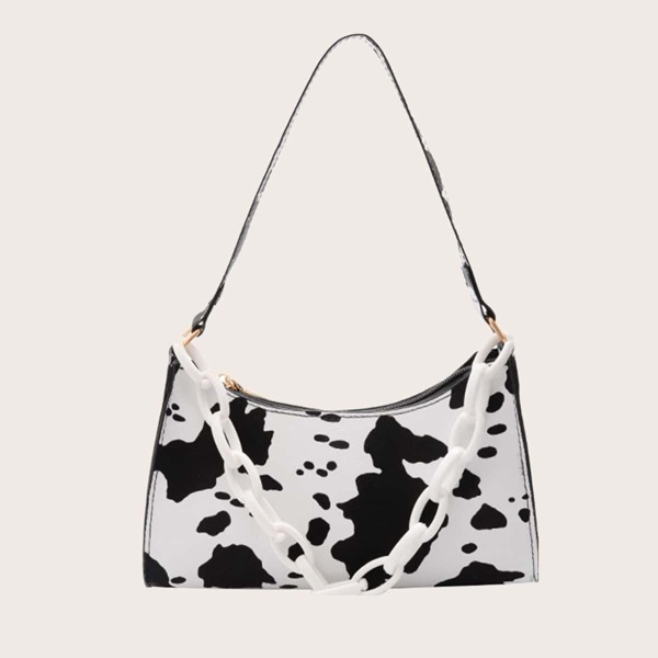 

Girls Chain Decor Cow Pattern Baguette Bag, Black and white
