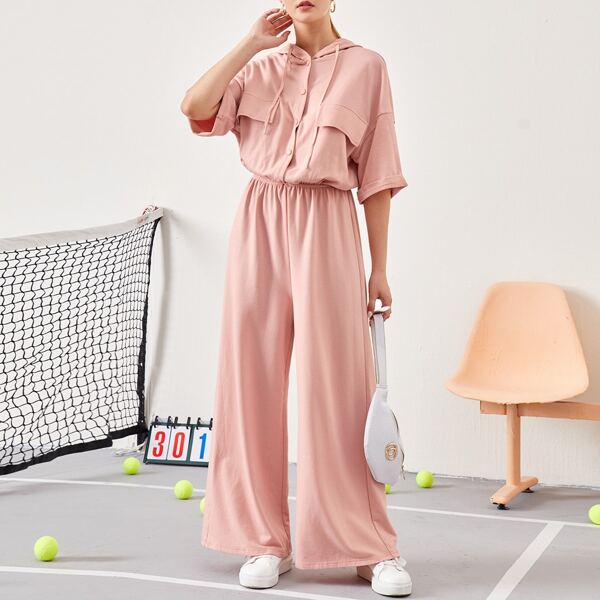 

Flap Detail Drop Shoulder Button Front Wide Leg Hooded Jumpsuit, Pastel baby pink