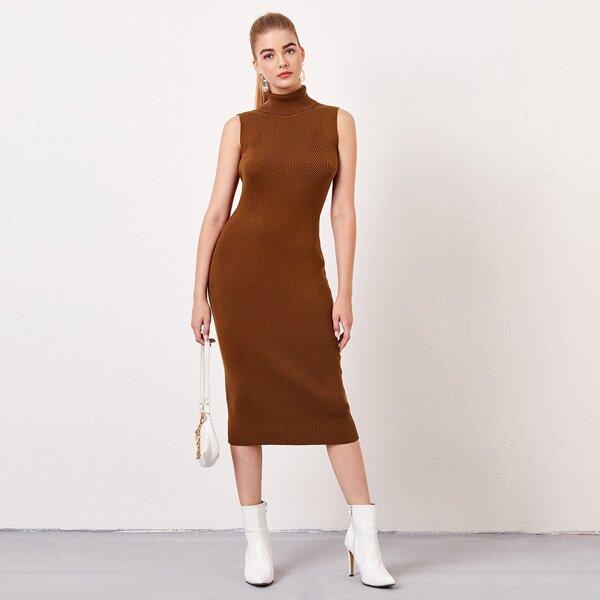 

Funnel Neck Sleeveless Sweater Dress, Brown