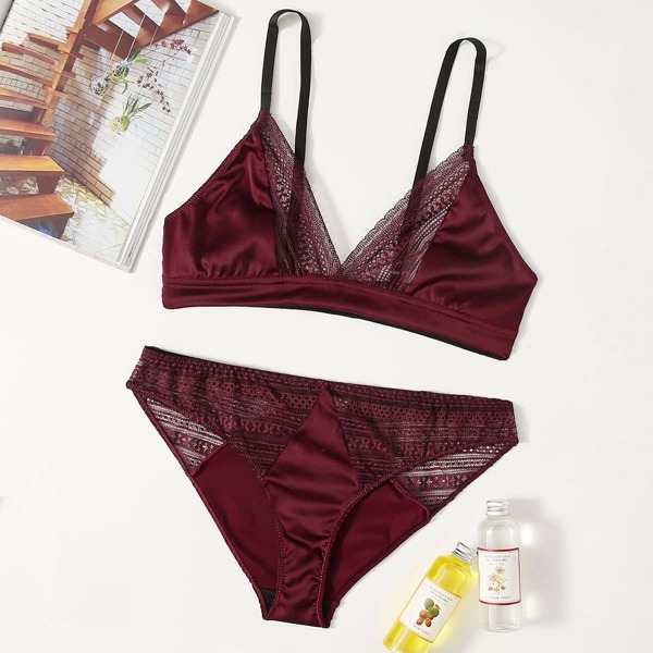 

Contrast Lace Satin Lingerie Set, Burgundy