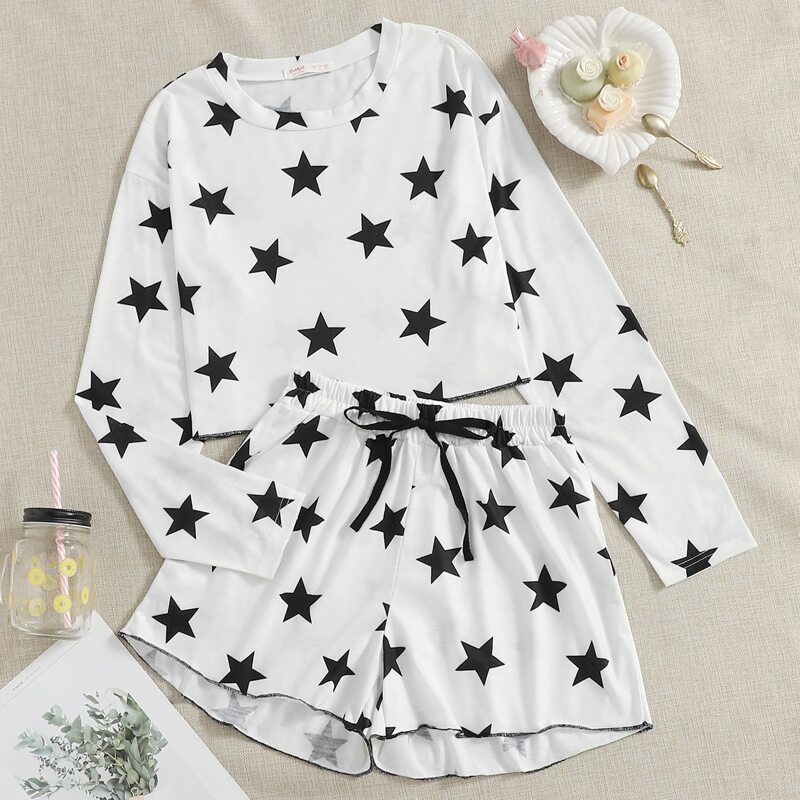 

Allover Star Print Shorts PJ Set, White
