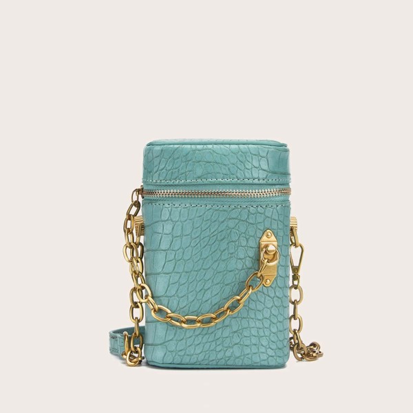 

Chain Decor Croc Embossed Box Bag, Blue