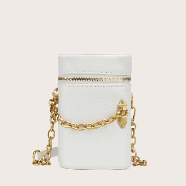 

Chain Decor Croc Embossed Box Bag, White