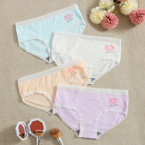 

4pack Lace Trim Lip Graphic Panty Set, Multicolor