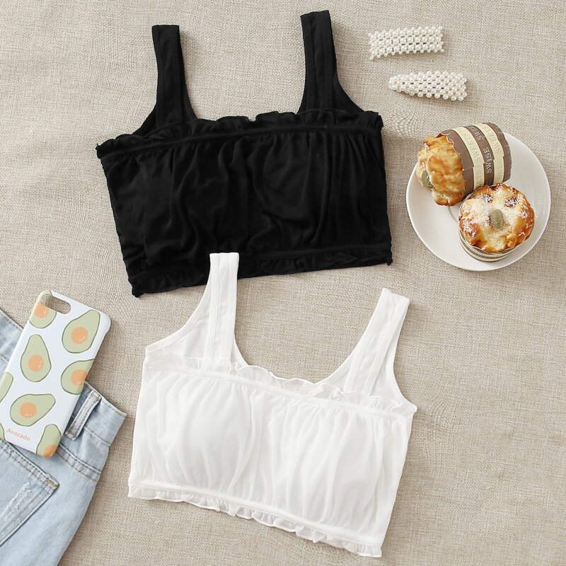 

2pack Frill Trim Ruched Bralette Set, Black and white