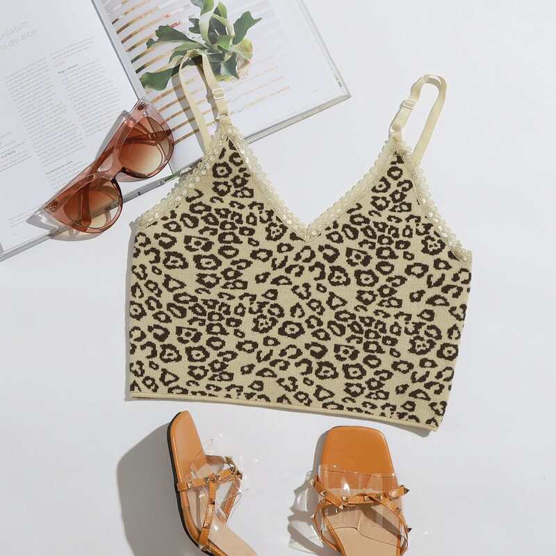 

Lace Trim Leopard Knit Cami Top, Multicolor