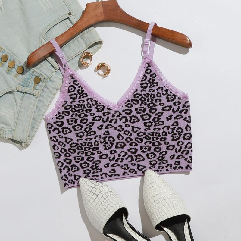 

Lace Trim Leopard Knit Cami Top, Multicolor