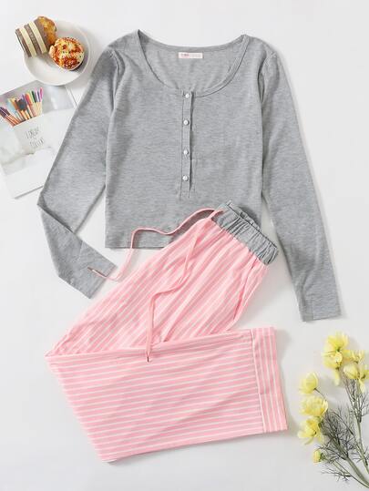 Long Sleeve Henley Tee & Stripe Pants PJ Set