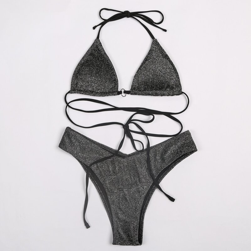 

Glitter Micro Triangle Halter Bikini Swimsuit, Dark grey