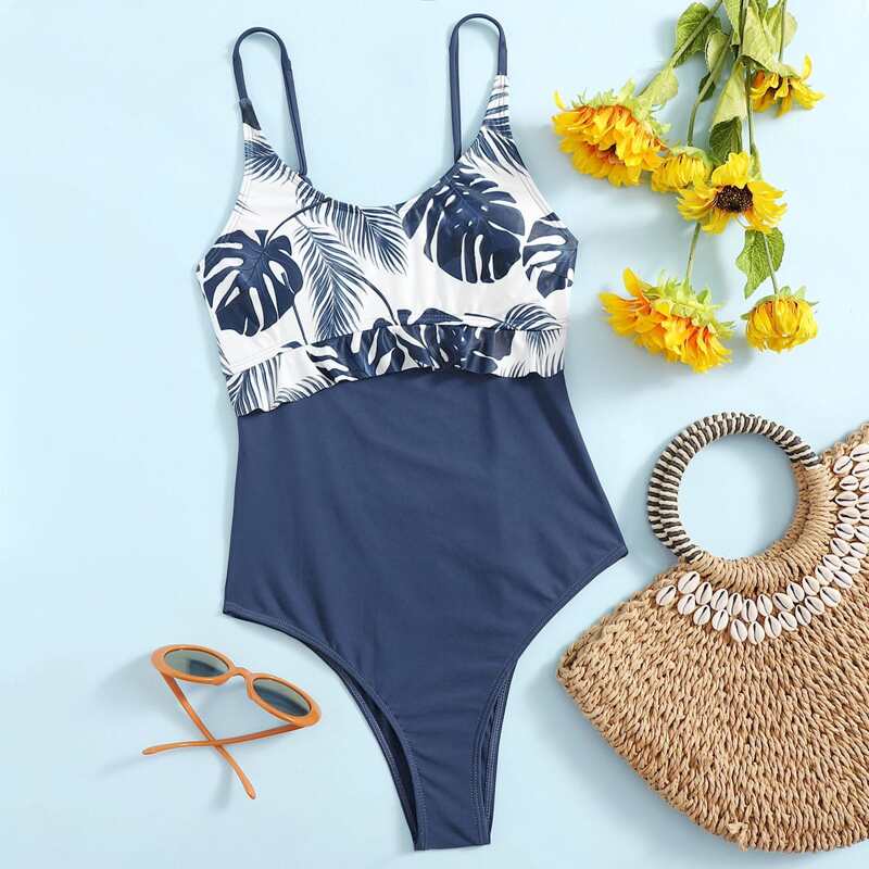 

Tropical Spliced Cami One Piece Swimsuit, Blue and white