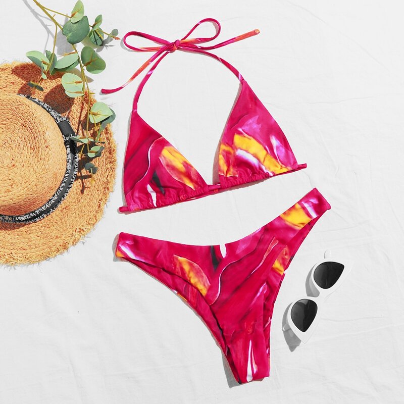 

Graphic Halter High Leg Bikini Swimsuit, Hot pink