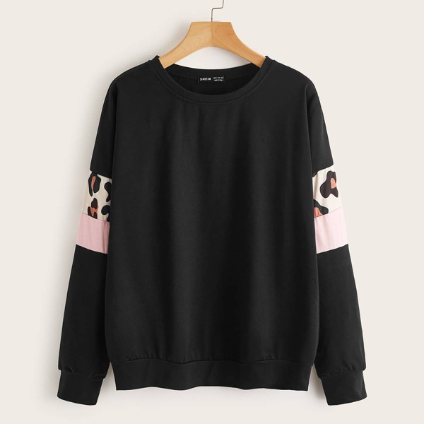 

Leopard Print Color Block Sweatshirt, Black