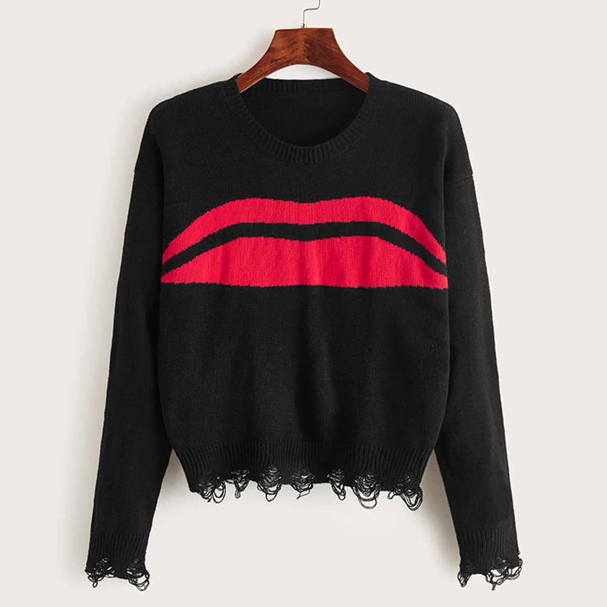 

Two Tone Ripped Hem Sweater, Black