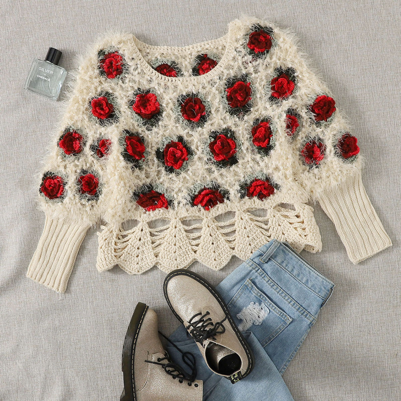 

Rose Flower Fuzzy Knit Sweater, Multicolor