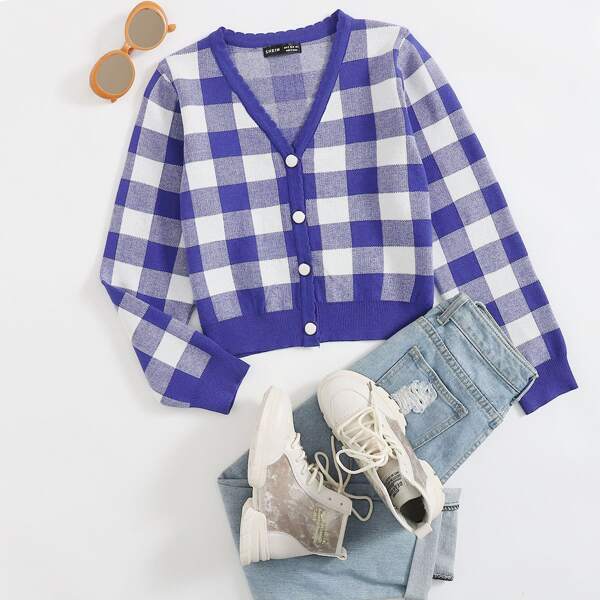 

Button Front Buffalo Plaid Cardigan, Blue and white