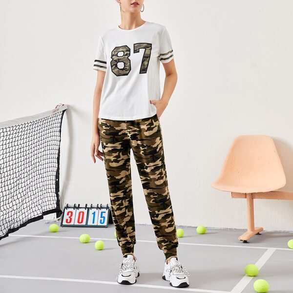 

Letter Graphic Striped Cuff Top & Camo Pants Set, Multicolor