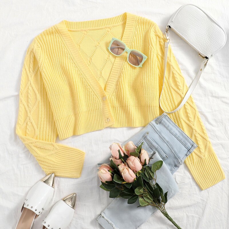 

Button Front Diamond Knit Crop Cardigan, Yellow