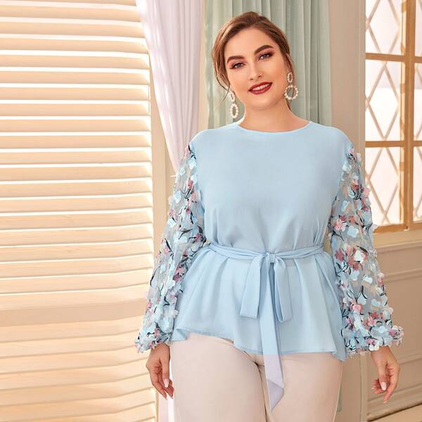 

Plus Applique Detail Lantern Sleeve Self Belted Top, Baby blue
