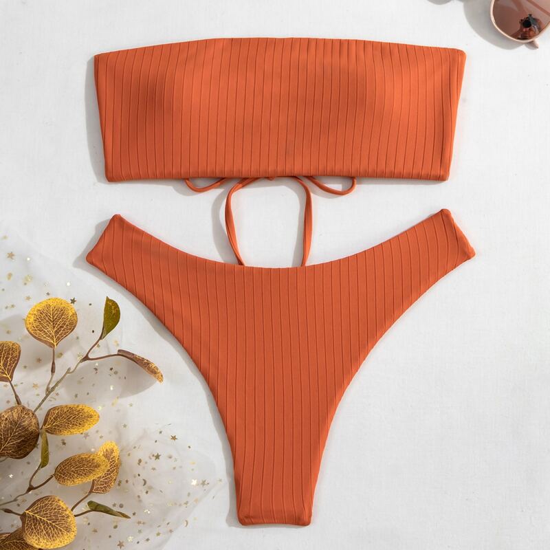 

Rib Lace-up Back Bandeau Bikini Swimsuit, Burnt orange