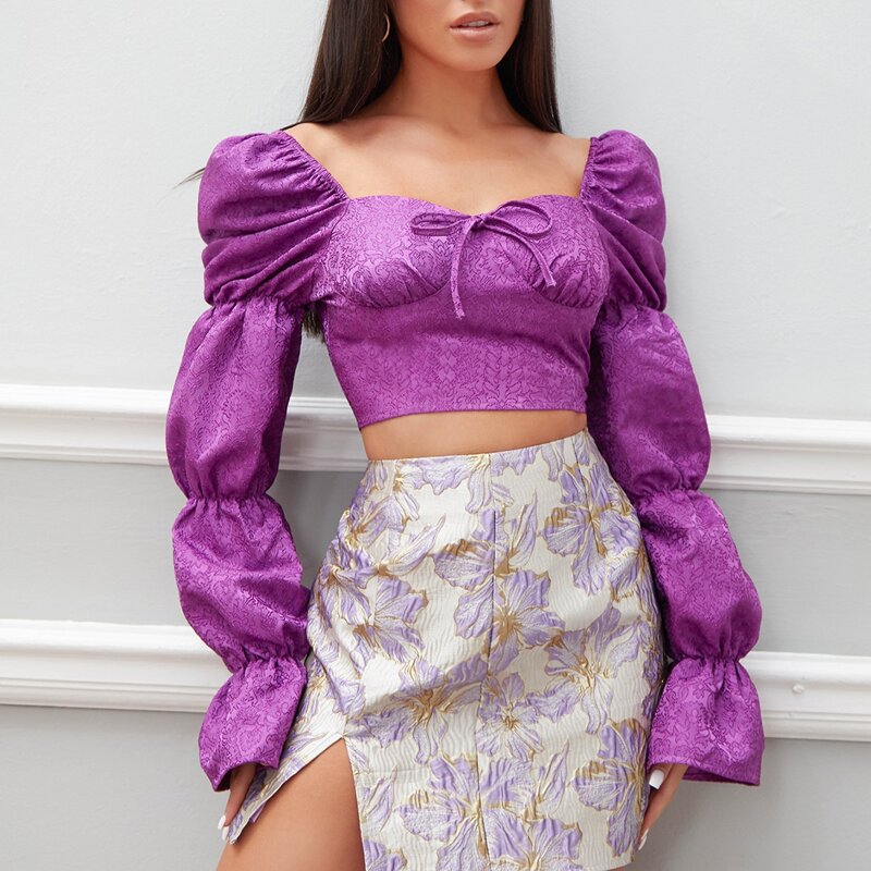 

Flounce Sleeve Knot Front Bustier Jacquard Top, Purple