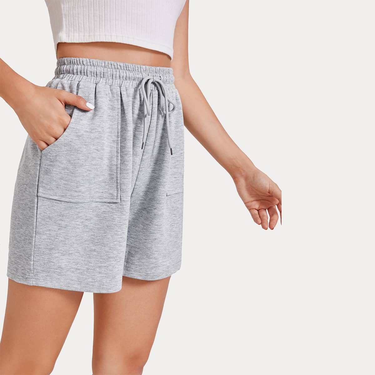 

Solid Drawstring Waist Shorts, Light grey