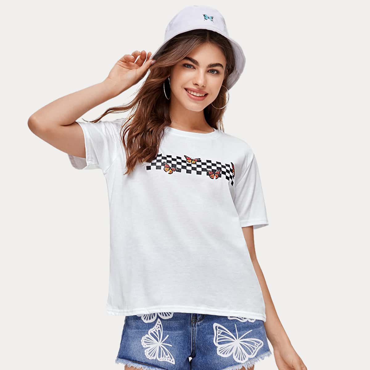 

Butterfly & Checkered Graphic Tee, White