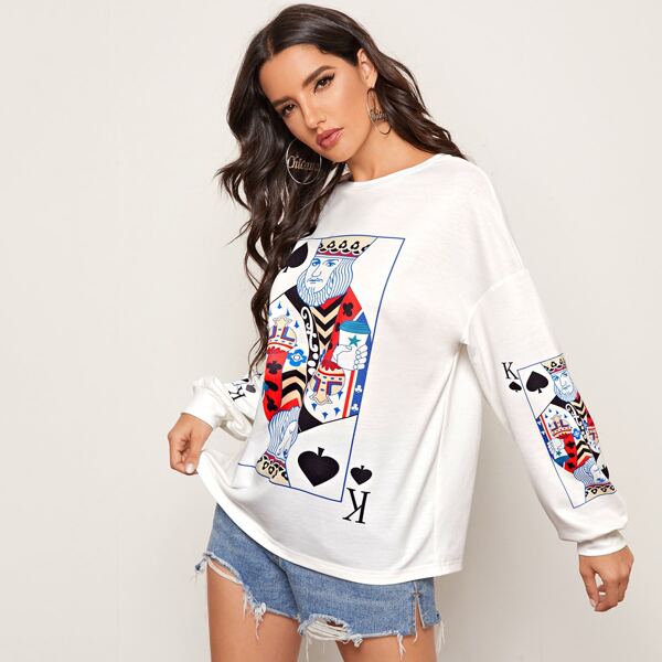

Graphic Print Drop Shoulder Pullover, White