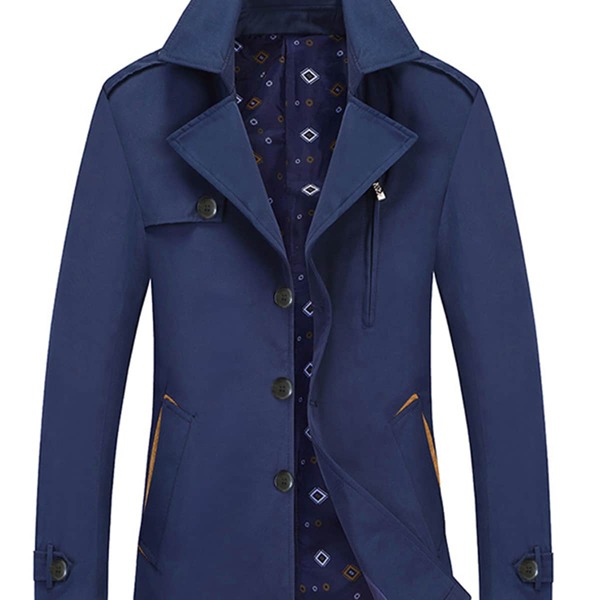 

Men Lapel Collar Single Breasted Trench Coat, Navy blue