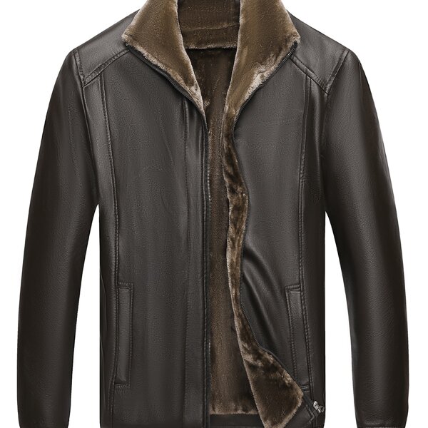 

Men Zip Up Velvet Lined PU Leather Jacket, Chocolate brown