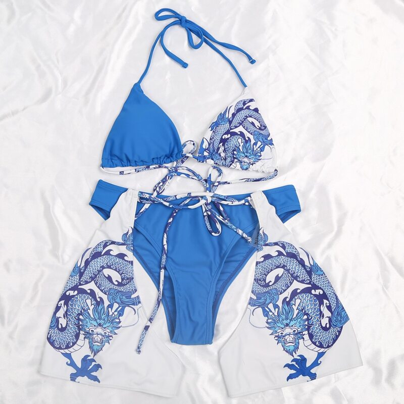 

3pack Chinese Dragon Print Triangle Halter Bikini Swimsuit, Blue and white