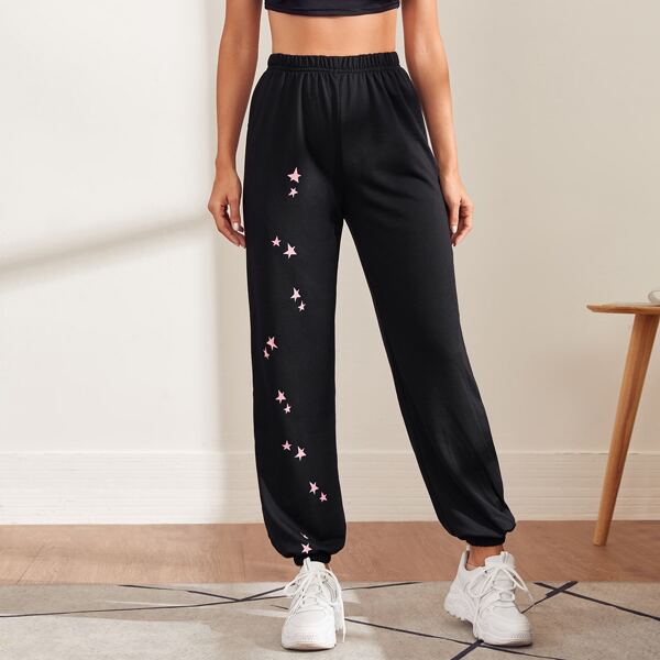 

Elastic Waist Star Print Sports Sweatpants, Black