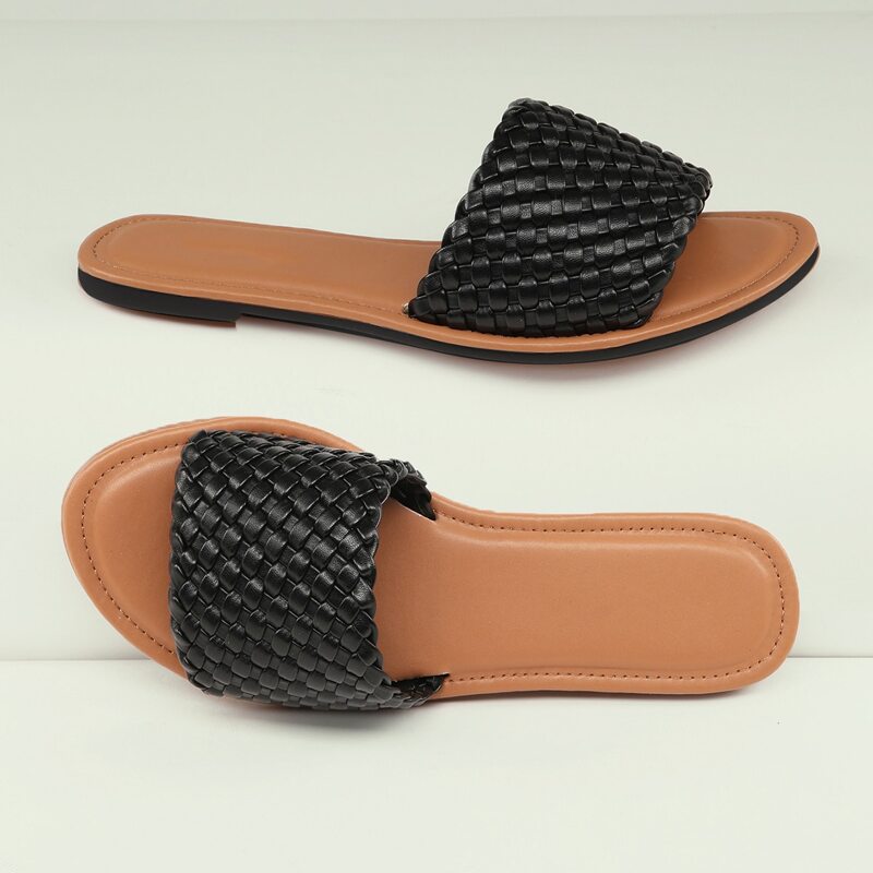

Basketweave Faux Leather Slide Sandals, Black
