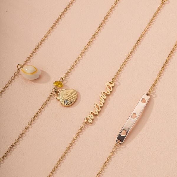 

4pcs Letter & Shell Charm Bracelet, Gold
