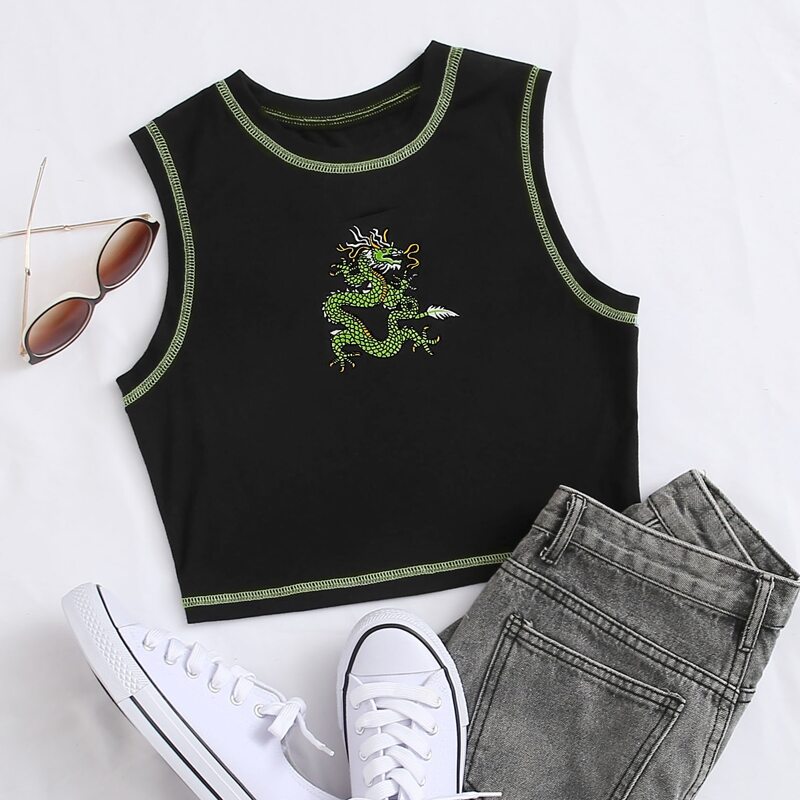 

Dragon Print Topstitching Tank Top, Black