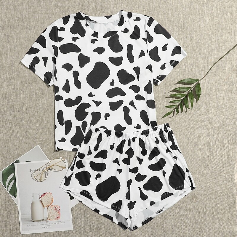 

Cow Print Tee & Shorts Pajama Set, Black and white