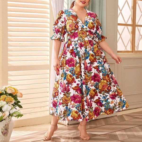 

Plus Floral Print Button Front Flounce Sleeve Dress, Multicolor