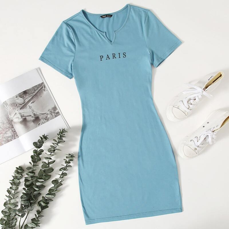 

Letter Graphic Notch Neck Bodycon Dress, Blue