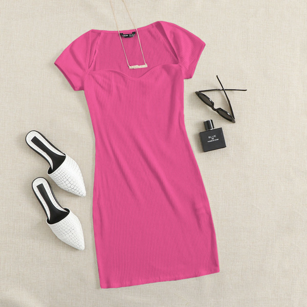 

Neon Pink Sweetheart Neck Rib-knit Bodycon Dress, Pink neon