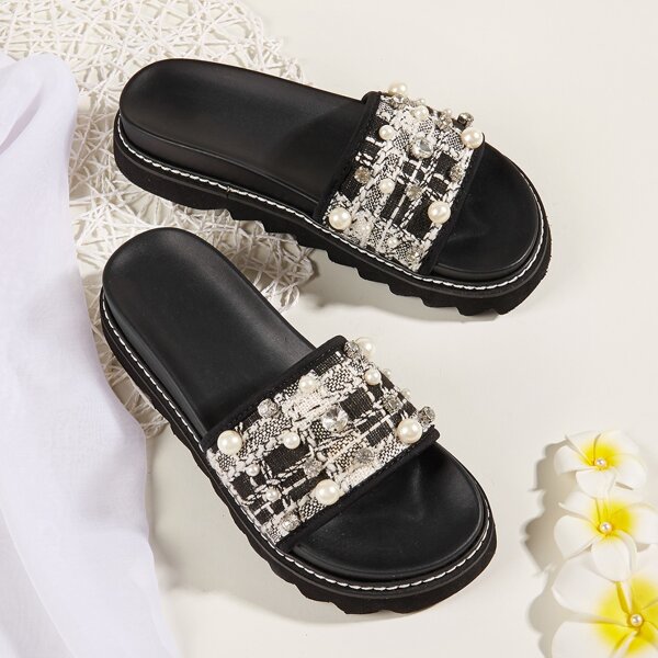 

Faux Pearl Decor Slippers, Black and white