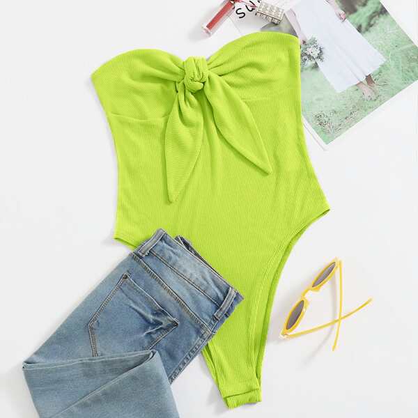 

Neon Lime Tie Front Rib-knit Tube Bodysuit, Neon lime green