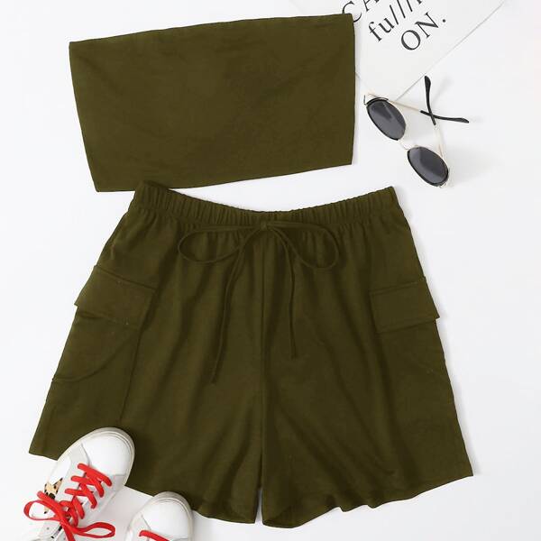 

Solid Tube Top and Flap Pocket Side Track Shorts Set, Army green