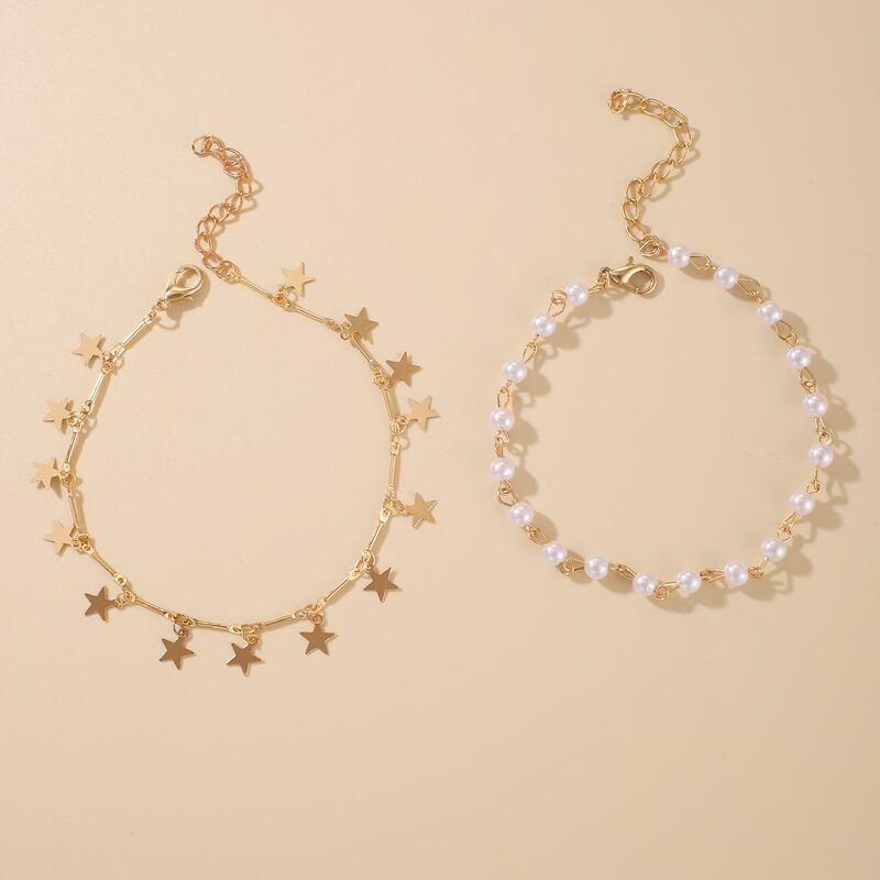 

2pcs Star & Faux Pearl Anklet, Gold