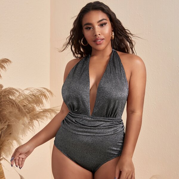 

Plus Glitter Ruched Halter One Piece Swimsuit, Dark grey
