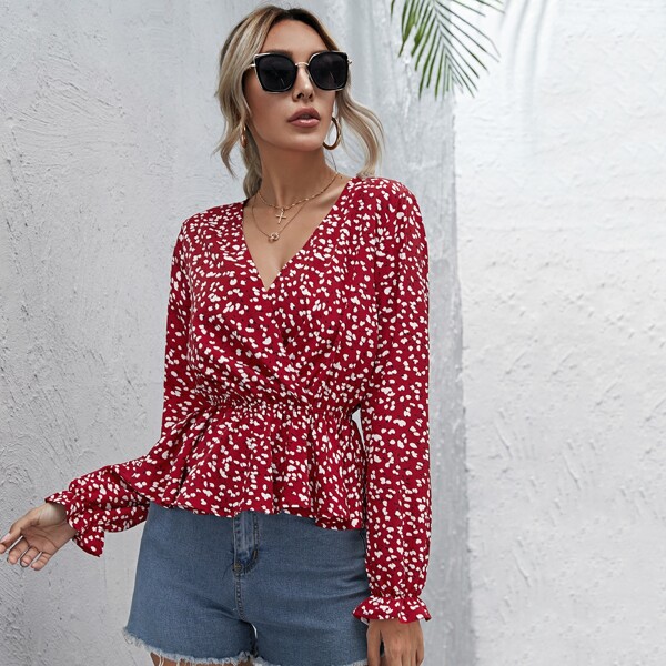 

Ditsy Floral Surplice Front Peplum Blouse, Burgundy