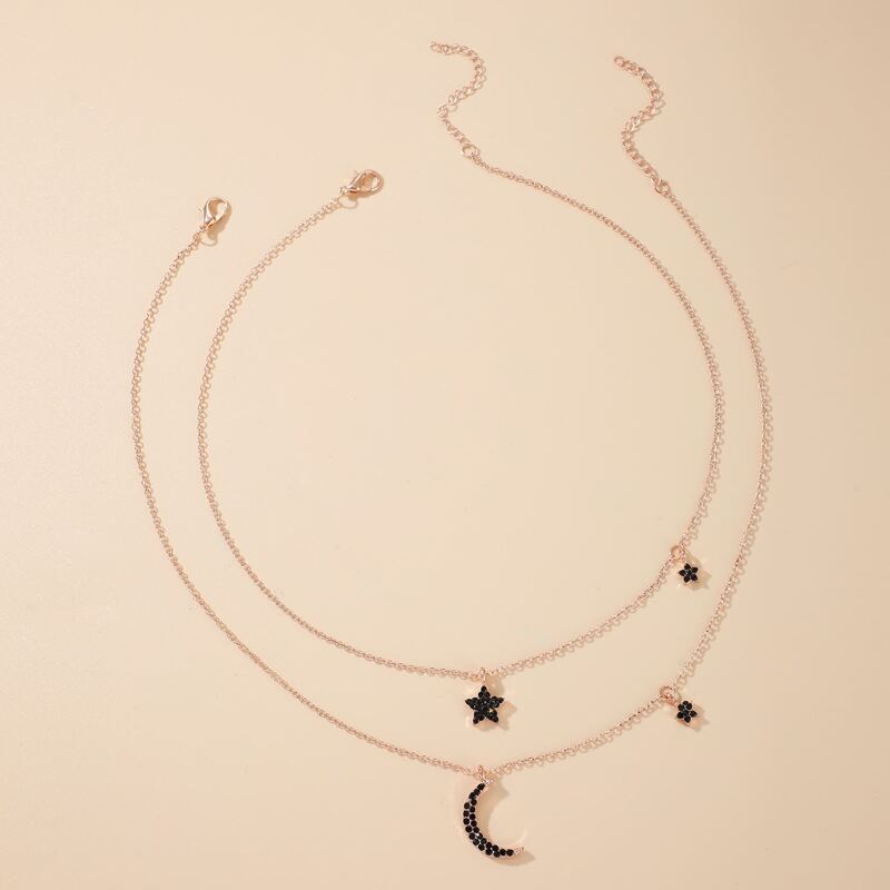 

2pcs Star & Moon Pendant Necklace, Gold