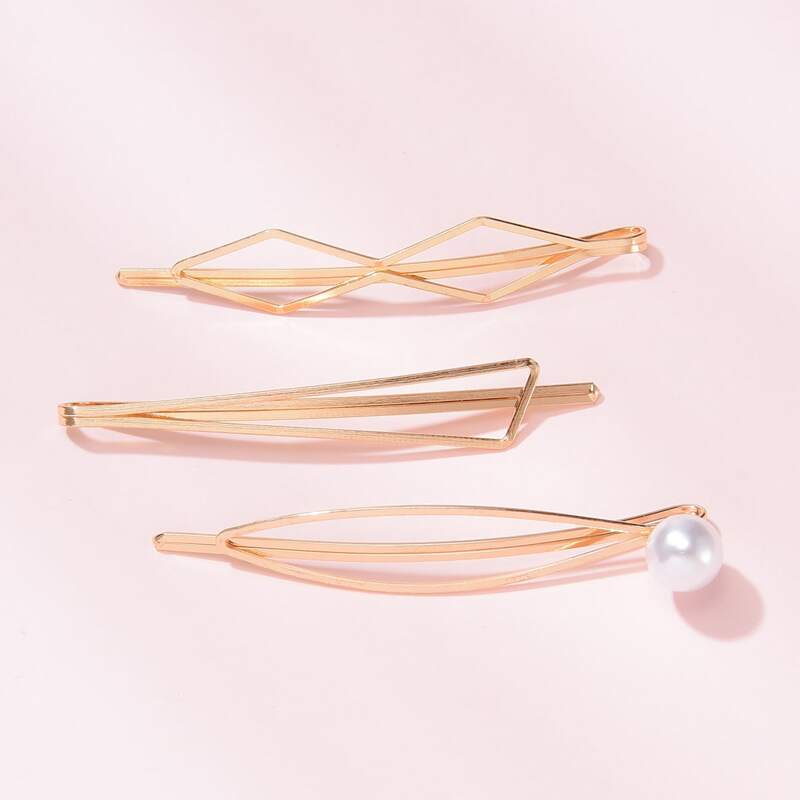 

3pcs Pearl Decor Geometric Hair Clip, Gold