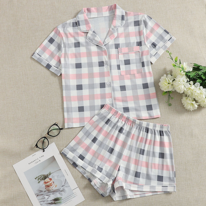 

Plaid Lapel Collar PJ Set, Multicolor