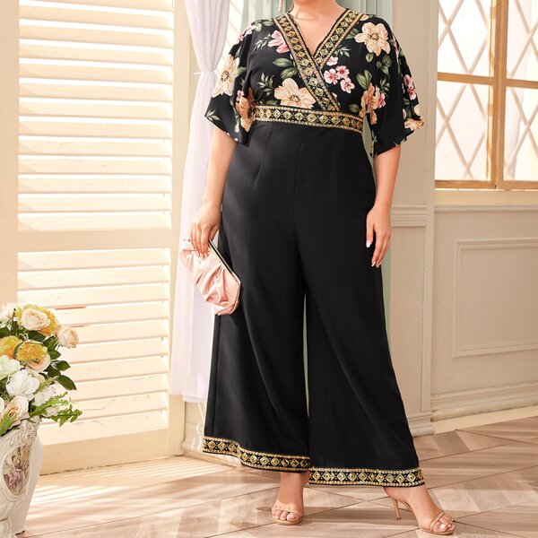 

Plus Surplice Neck Sequin Mesh Detail Wide Leg Jumpsuit, Black