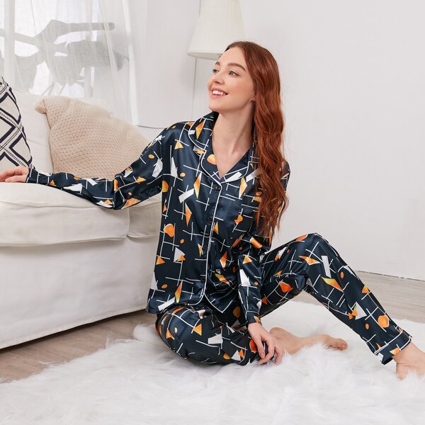 

Allover Geo Print Satin Night Set, Navy blue